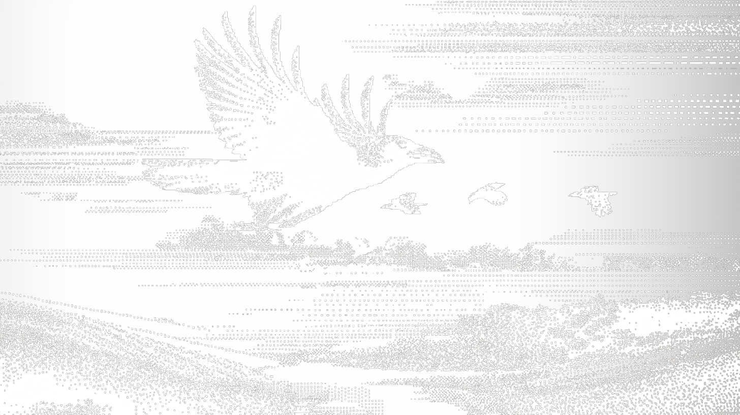 Dithered eagle soaring across a luminous sky.