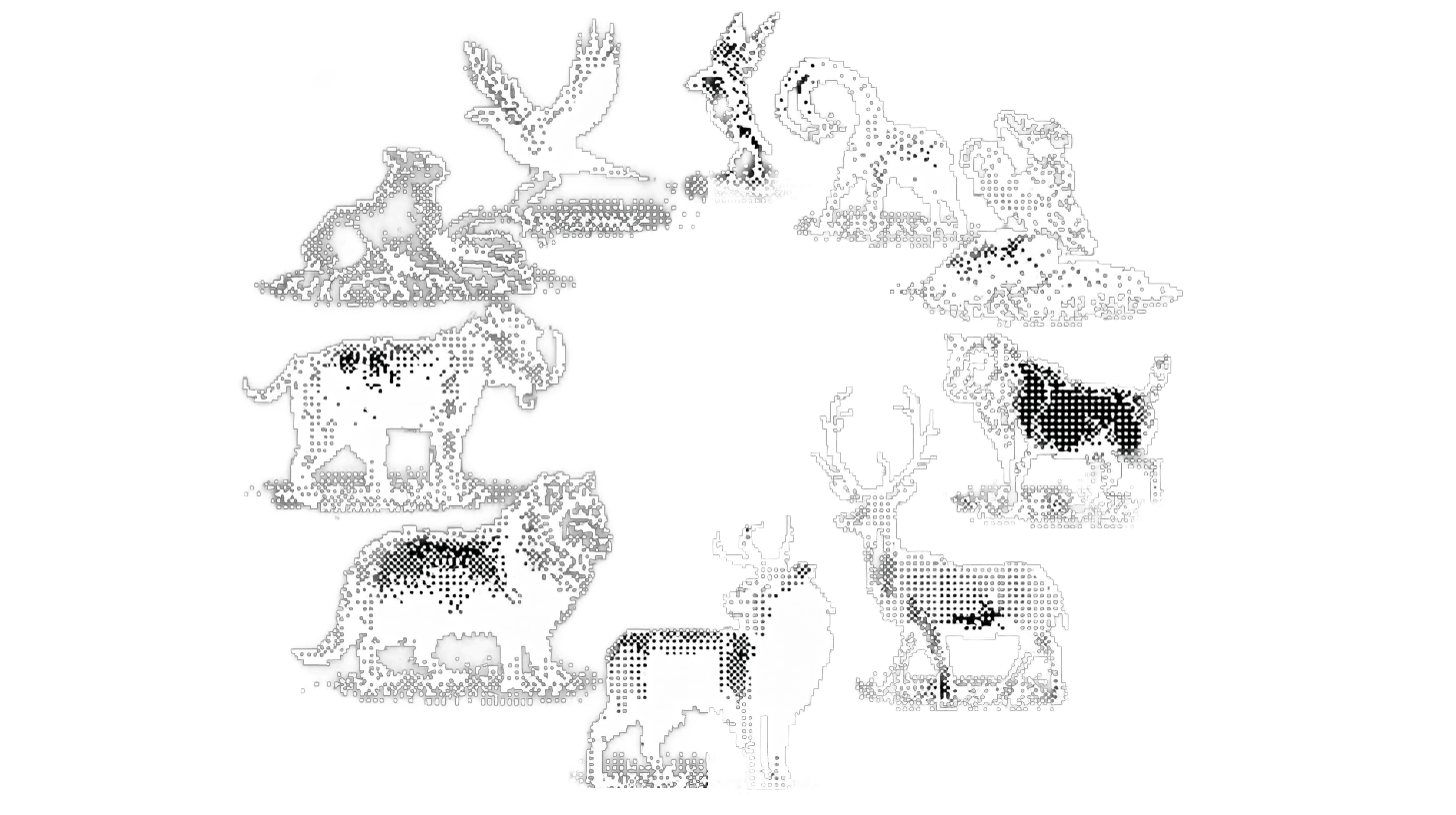 Dithered circle of twelve heraldic creatures arranged as a bestiary.