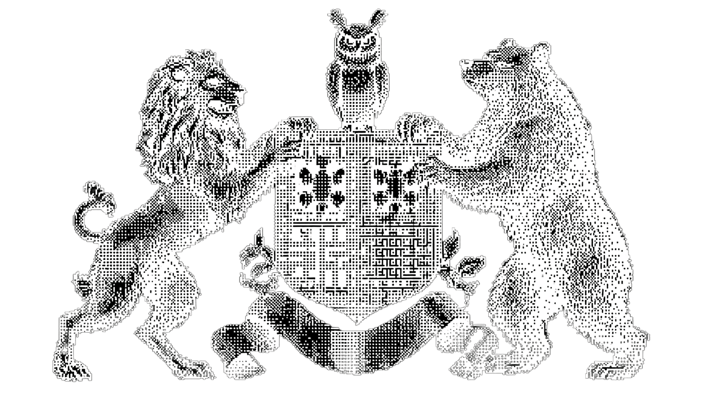 Dithered heraldic crest flanked by a lion, owl, and bear.