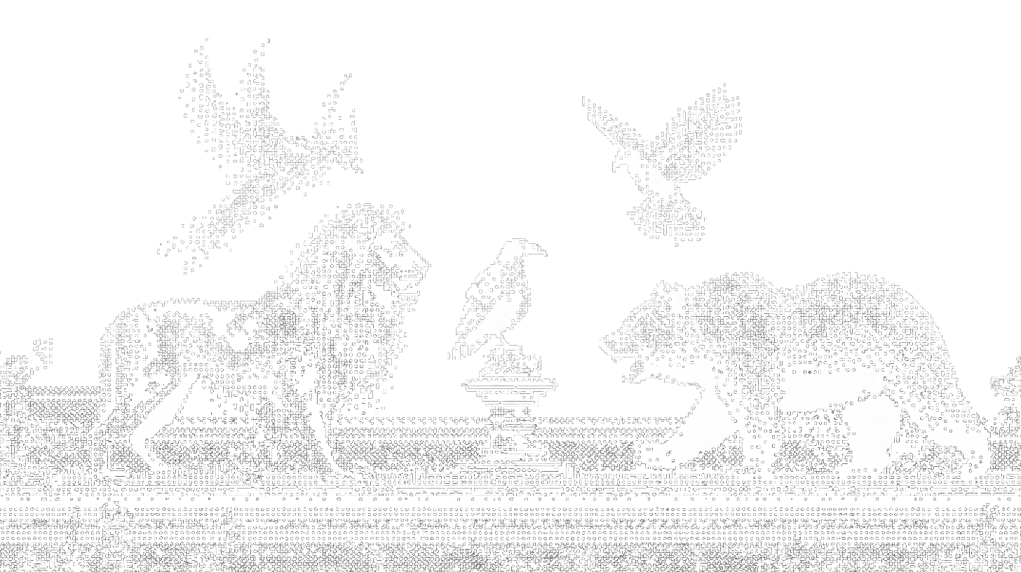 Dithered knockout illustration of a lion, raven, and bear.