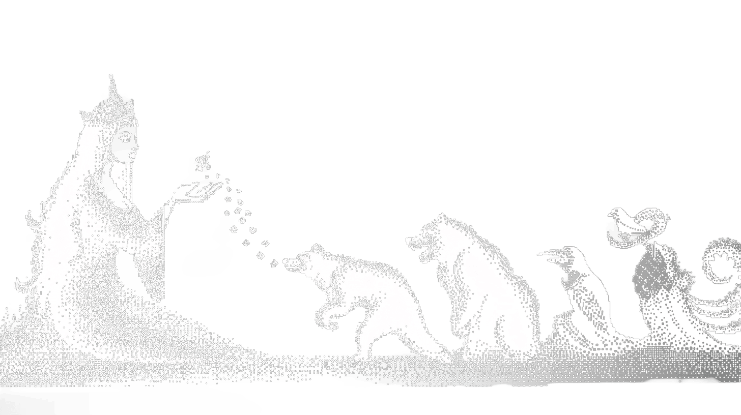 Dithered mermaid casting her voice across a procession of creatures.