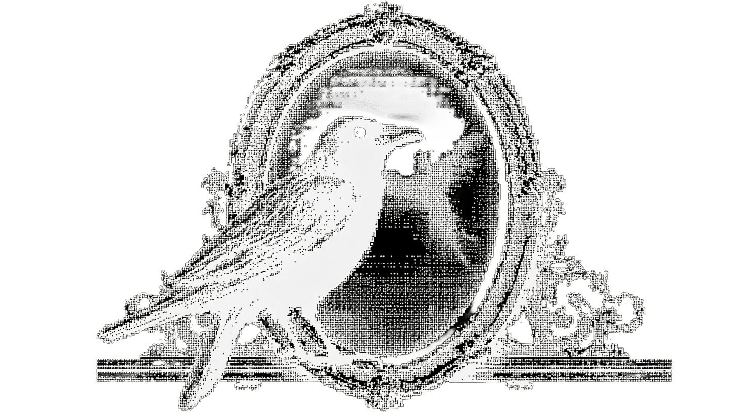Dithered raven perched before an ornate mirror.