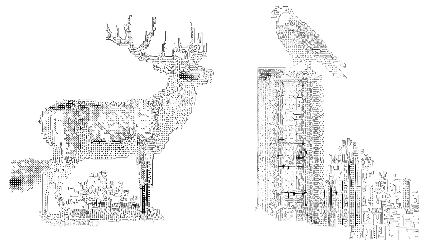 Dithered stag and raven facing one another as a paired result.