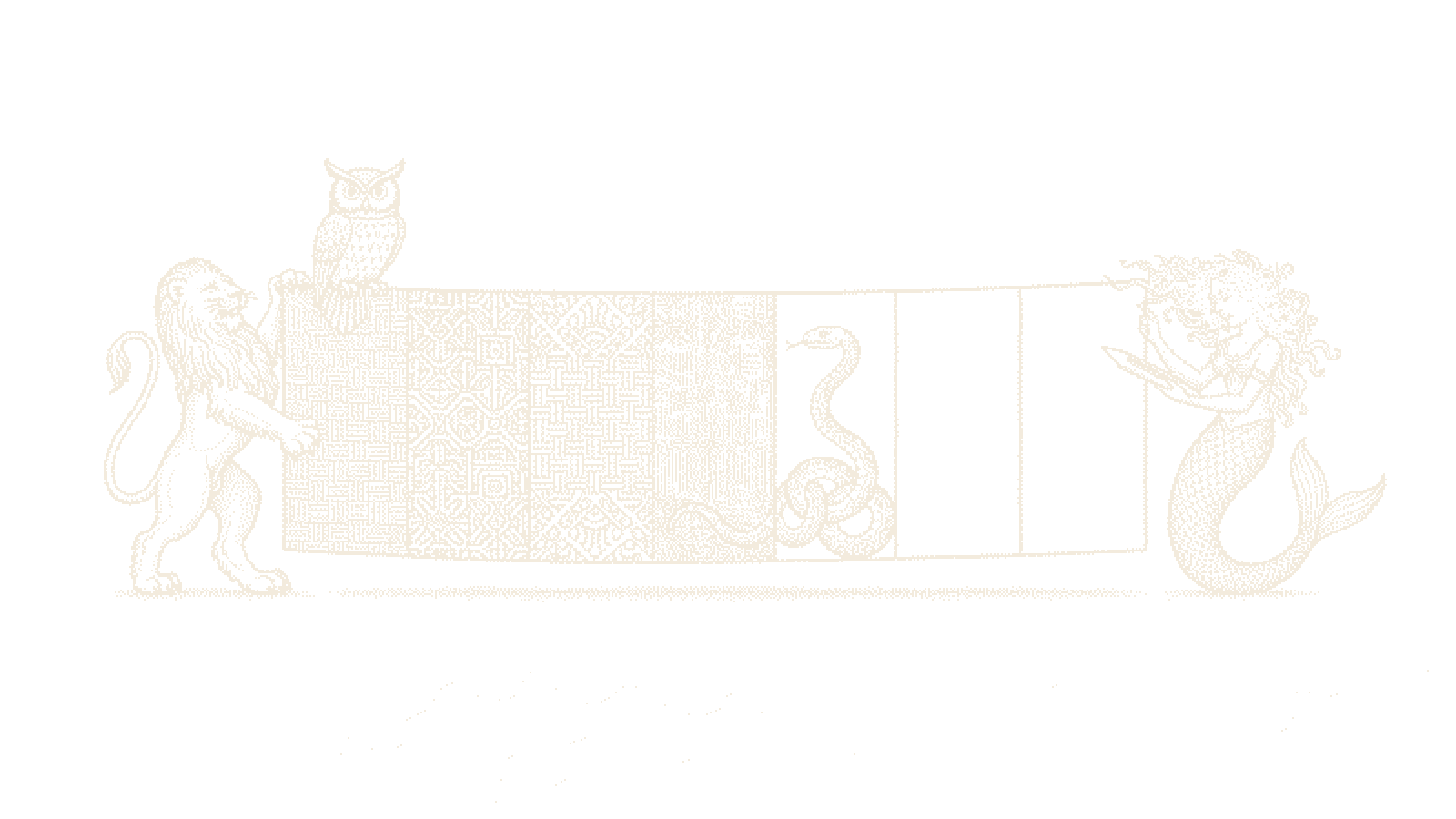 Dithered woodcut of lion, owl, serpent, and mermaid weaving a tapestry with unfinished bands