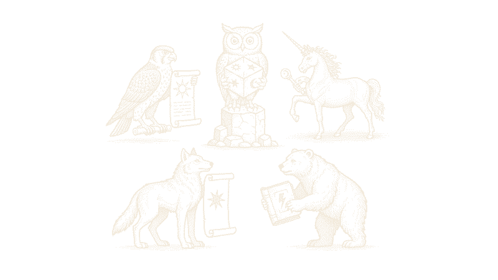 Dithered woodcut of Owl's compass guiding Falcon, Wolf, Bear and Unicorn across separate tasks