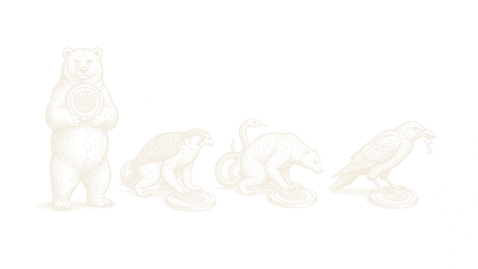 Dithered woodcut: Bear holds one true seal as Falcon, Serpent, and Raven press drifting wax impressions