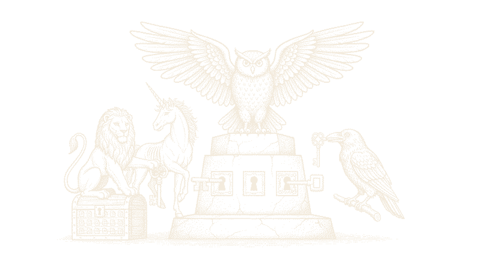 Dithered woodcut of Lion, Unicorn, Raven, and Owl each holding keys to a four-lock brand pedestal