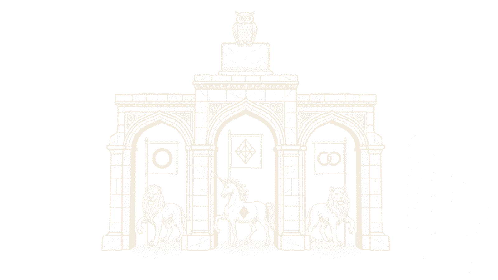Dithered woodcut of Owl at a forked gate as Lion, Unicorn, and Wolf carry off distinct symbolic banners