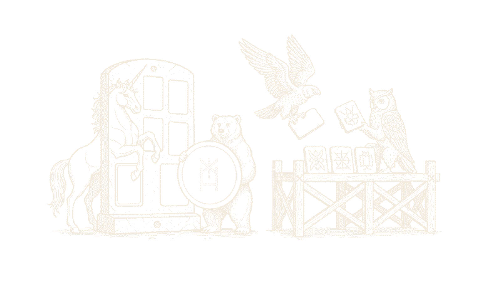 Dithered woodcut: Owl fills a scaffold tile into Unicorn's empty template frame as Falcon and Bear look on