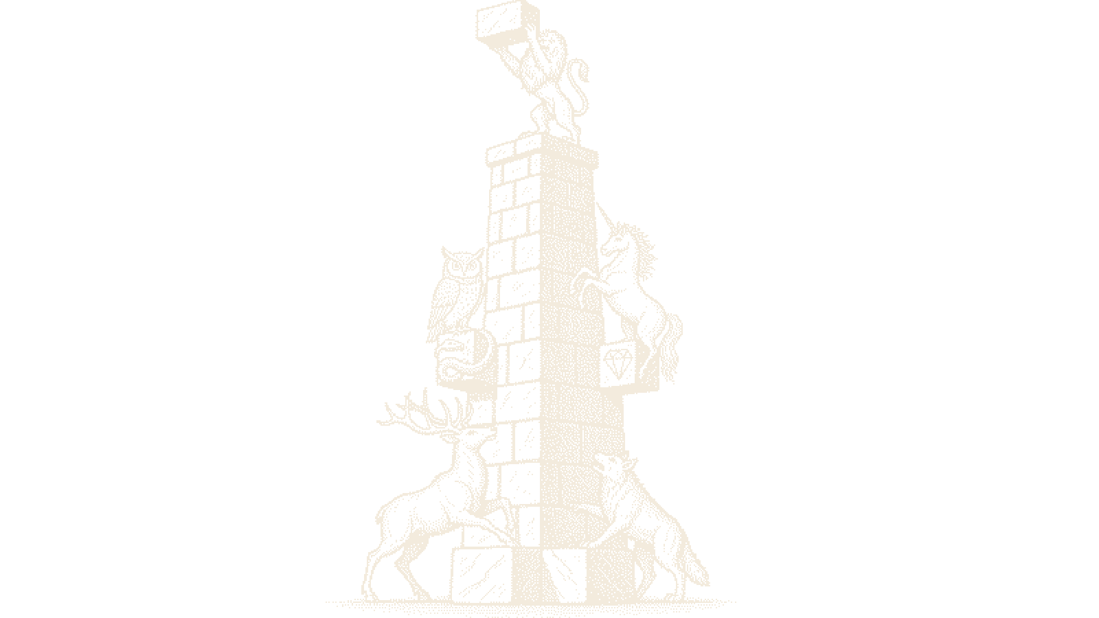 Dithered woodcut of six creatures stacking a stone tower block by block in sequence
