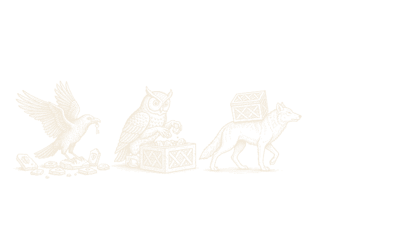 Dithered woodcut: Owl gathers Raven's scattered fragments into an ark Wolf carries onward alone