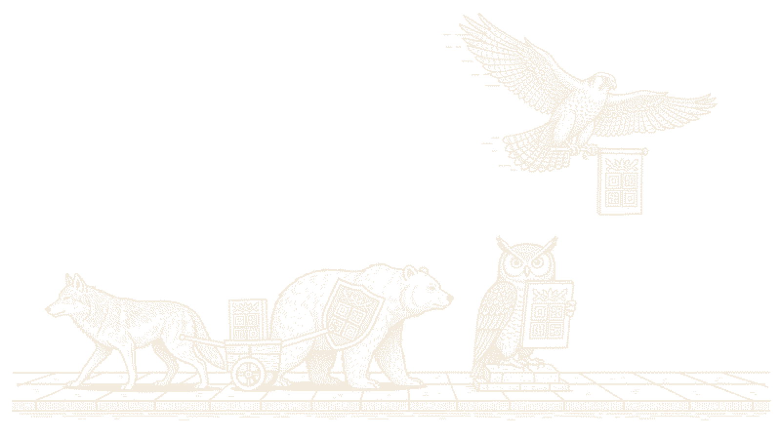 Dithered woodcut: Wolf and Bear on a stone track below, Falcon soaring above with matching crest banner