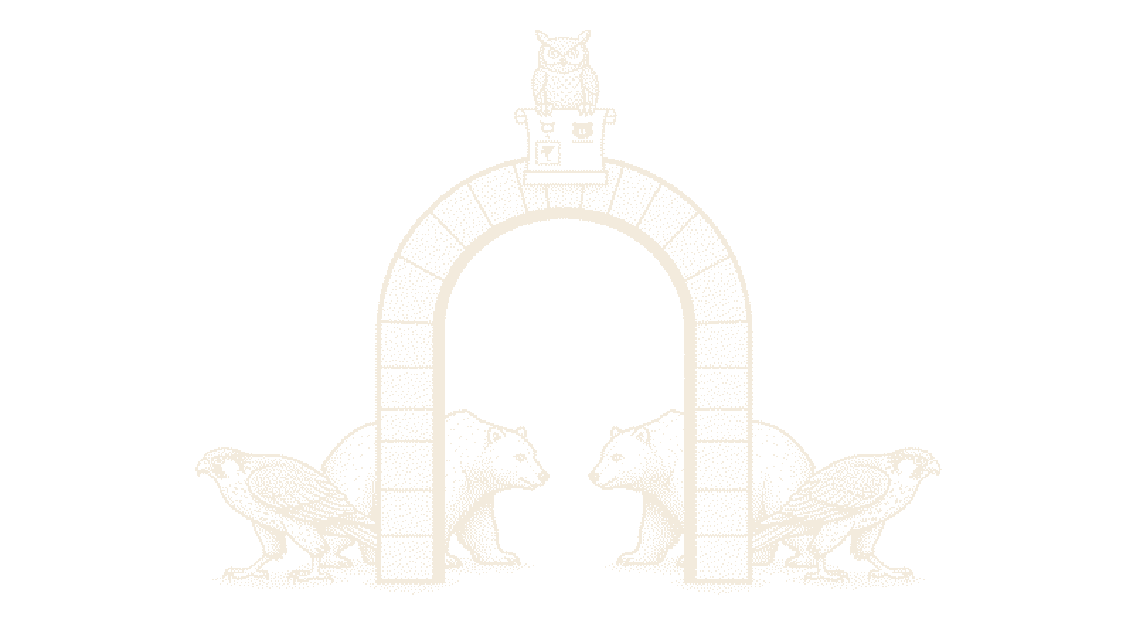 Dithered woodcut of Falcon and Bear reversing order through a gate beneath an Owl with a scroll